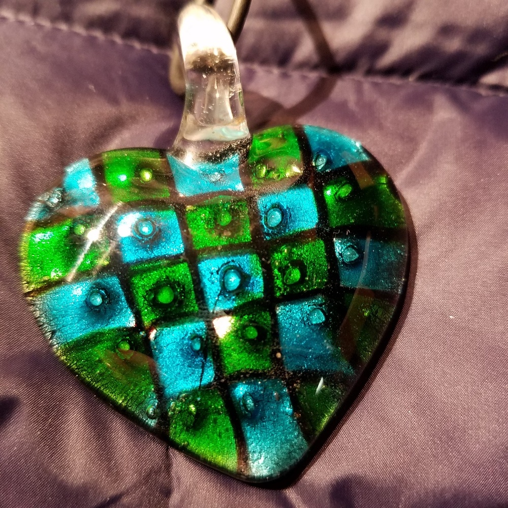 Murano Glass Heart Pendant Necklace, Blue & Green